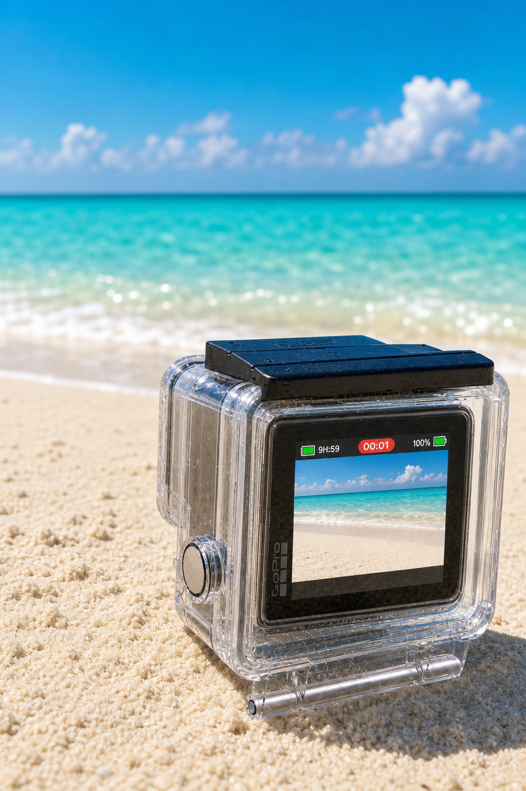 Waterproof Case for GoPro Hero 4k by SJPRO, Dive up to 40m, DIVE CASE | SJPRO - Innovation GoPro Hero 4k Screen equipped waterproof case on Caribbean sand